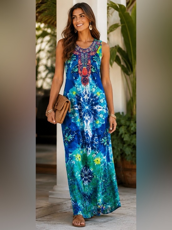 None Dresses & Skirts - Blue Tropical Boho Maxi Dress Embellished Resort Cruise Vacation M